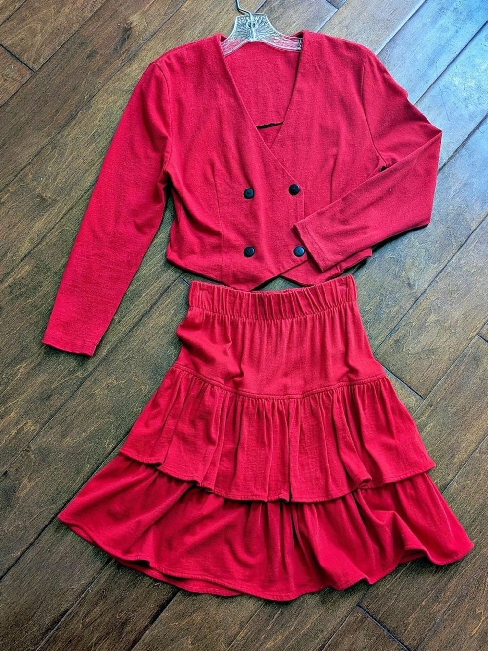 Two Piece Red Tiered Ruffle Jacket And Skirt Set - Women's Skirt